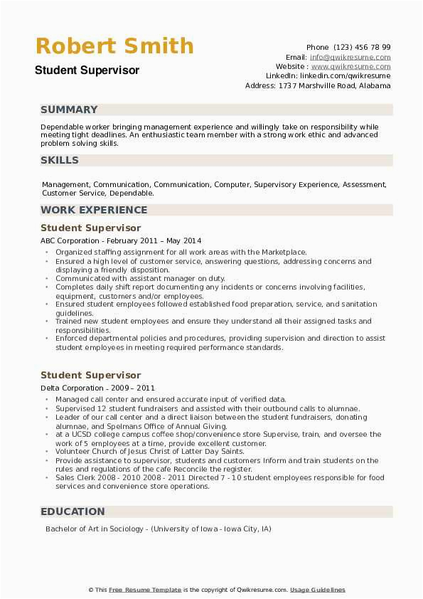 Resume Template for On Campus Job Student Supervisor Resume Samples
