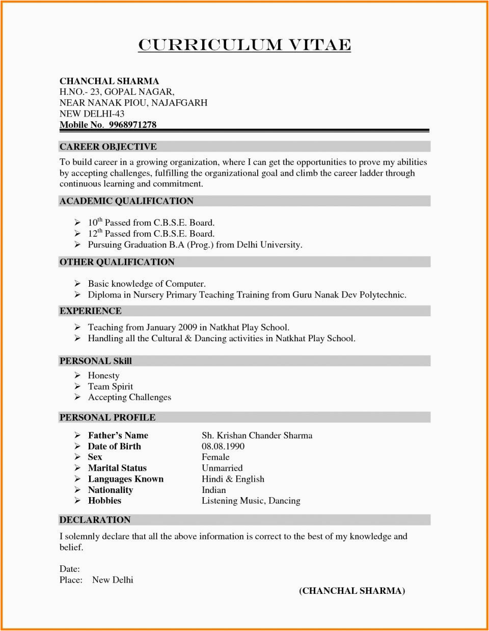 Resume Template for Teachers In India Indian School Teacher Resume format Indian School