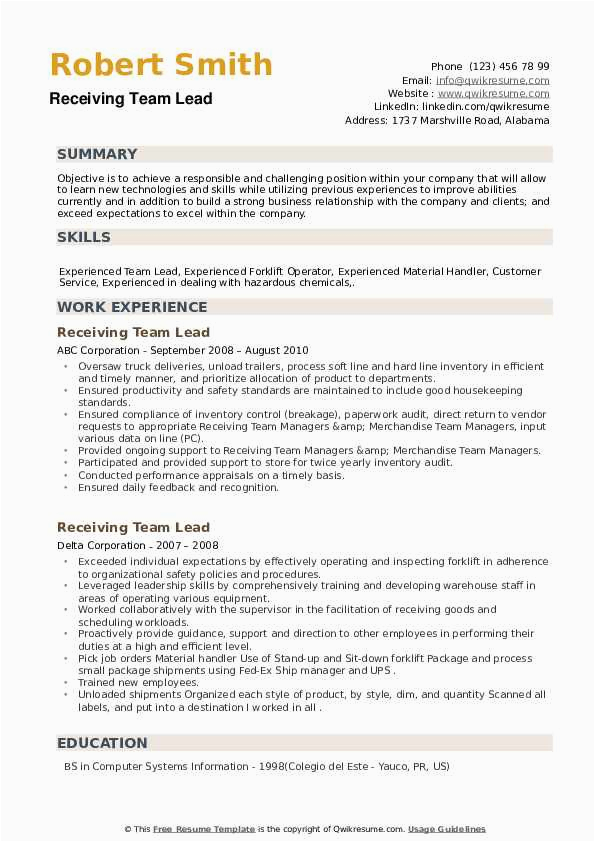 Resume Template for Team Lead Position Receiving Team Lead Resume Samples
