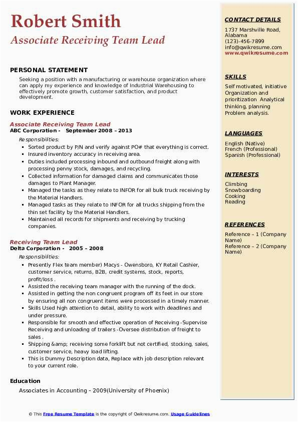 Resume Template for Team Lead Position Receiving Team Lead Resume Samples