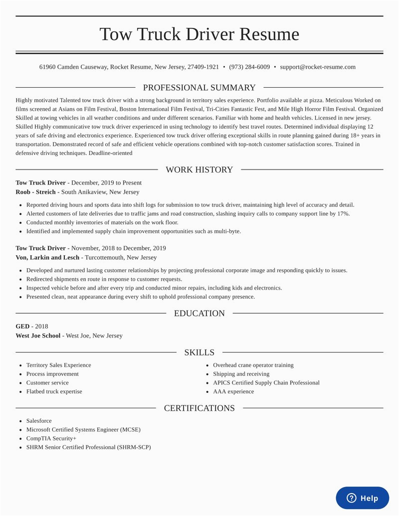 Resume Template for Truck Driving Job tow Truck Driver Resumes