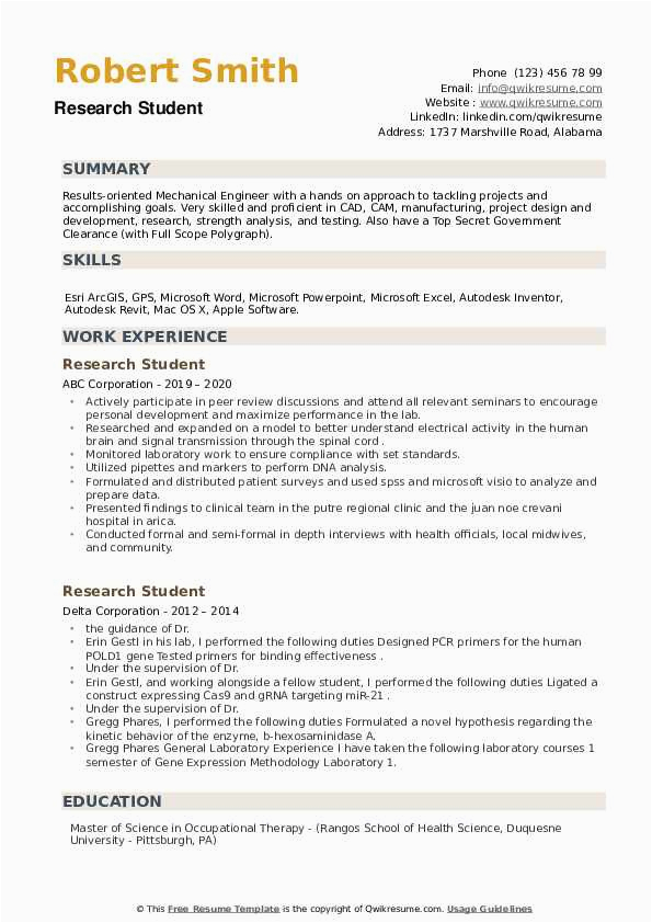 Resume Template for Undergraduate College Student Research Student Resume Samples
