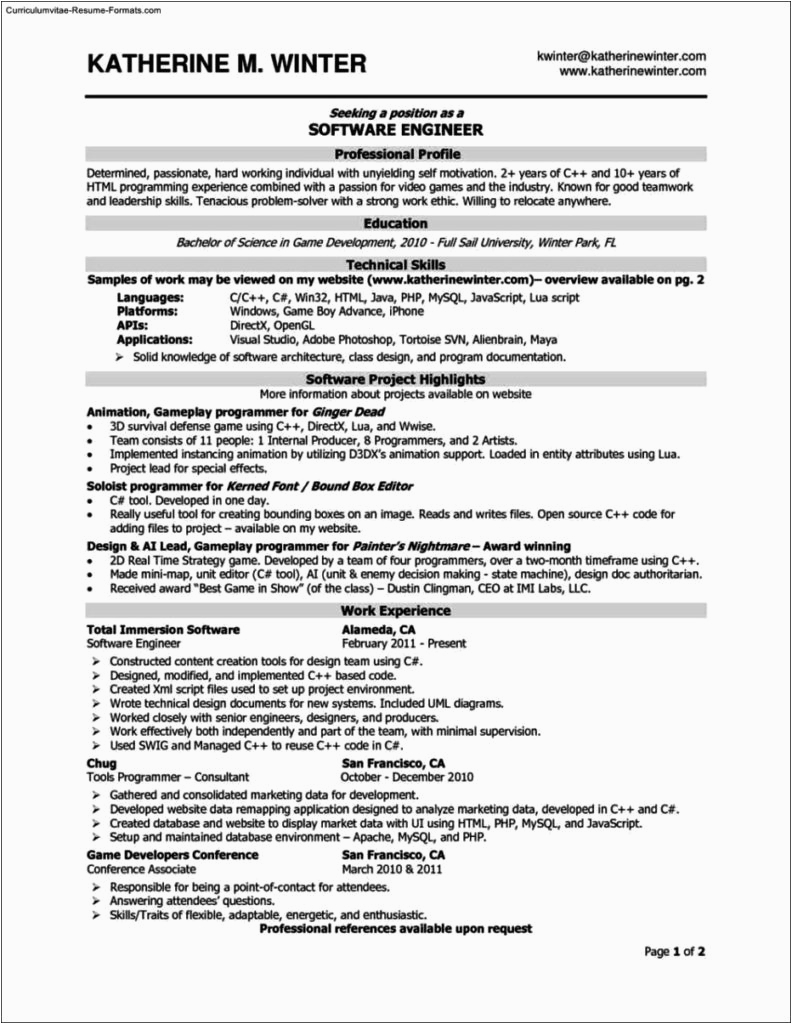 Resume Template Free Download for software Developer software Engineer Resume Template