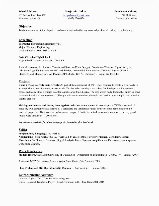 Resume Template with Current and Permanent Address Ben Baker Resume