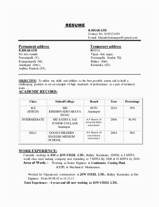 Resume Template with Current and Permanent Address Bharath Resume