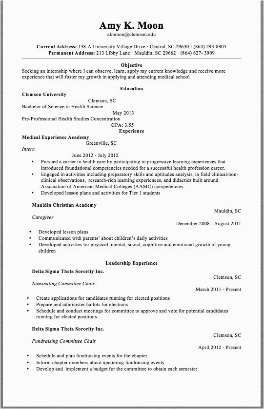 Resume Template with Current and Permanent Address Medical School Resume Example Amy K Moon Akmoon Clemson