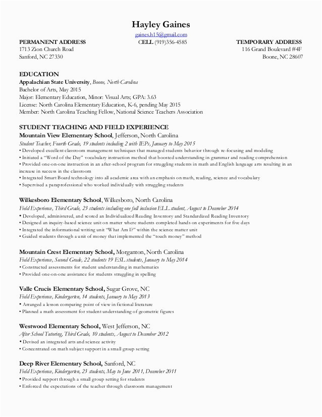 Resume Template with Current and Permanent Address Teacher Resume 2015