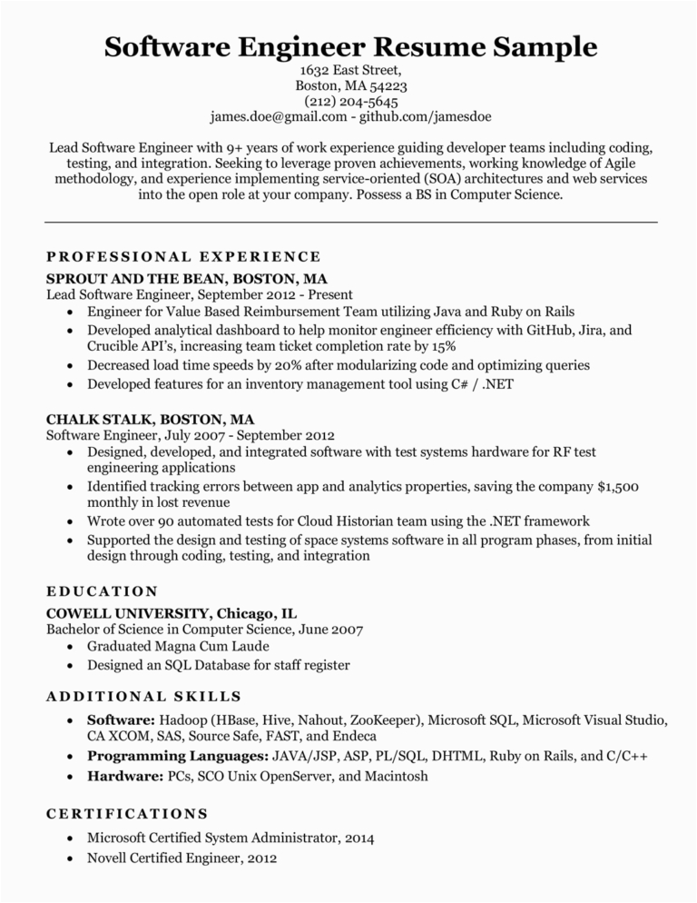 Resume Templates for Experienced software Professionals software Engineer Resume Sample & Writing Tips