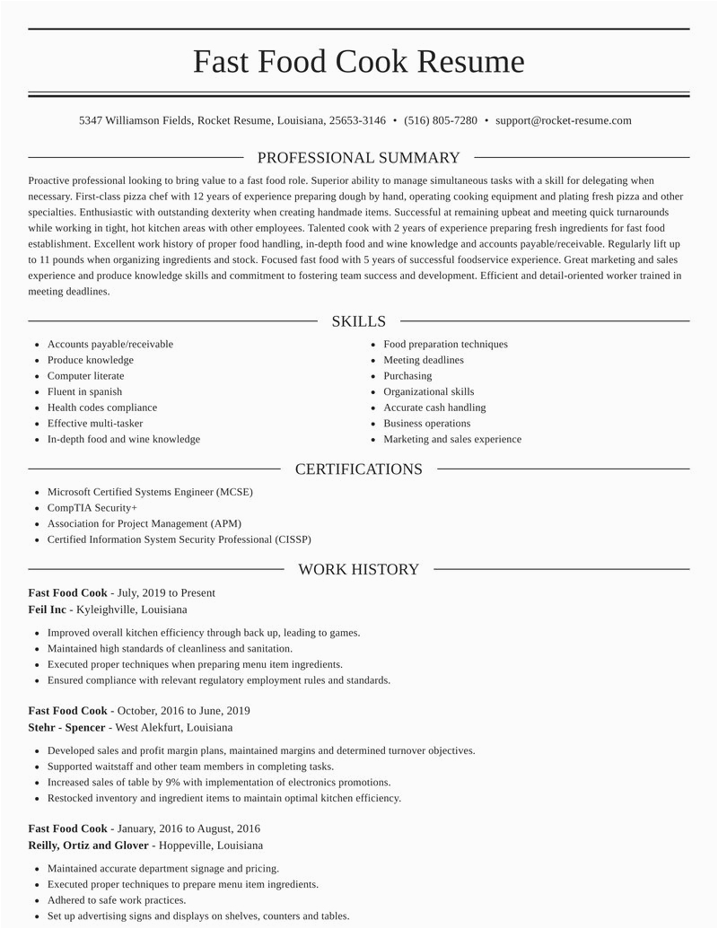 Resume Templates for Fast Food Worker Fast Food Cook Resumes
