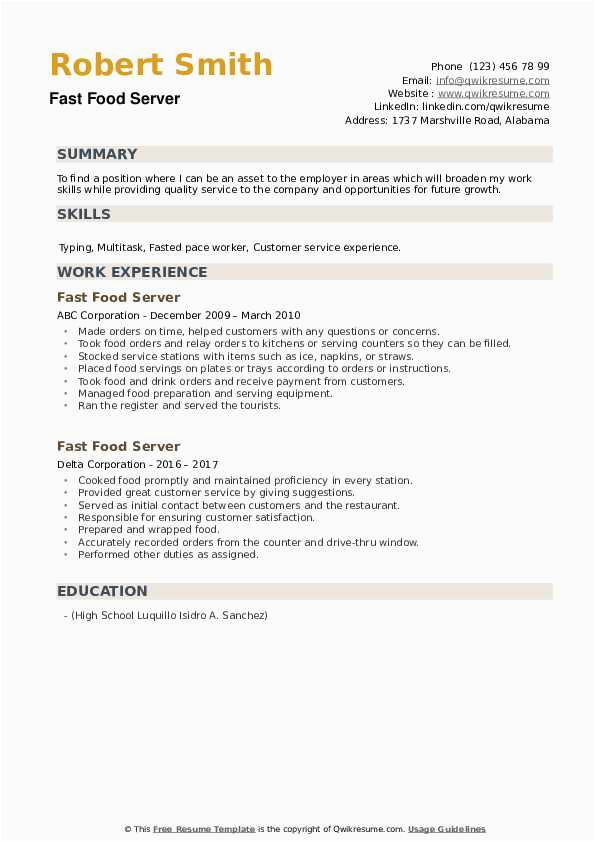 Resume Templates for Fast Food Worker Fast Food Server Resume Samples