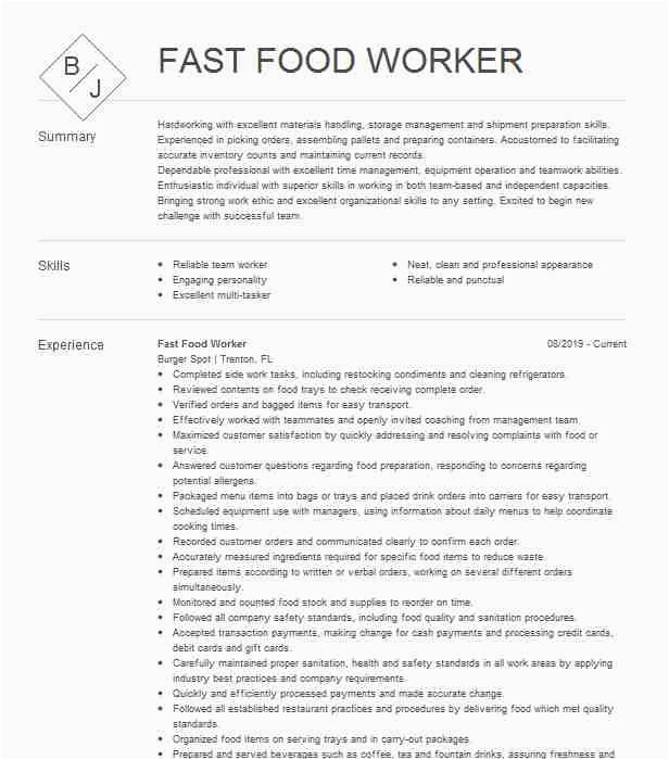 Resume Templates for Fast Food Worker Fast Food Worker Resume Example Pany Name Sarasota