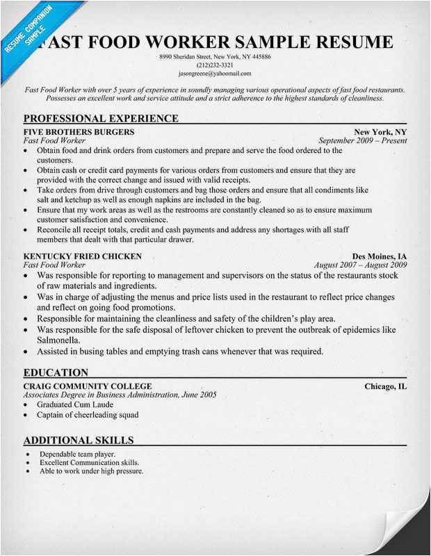 Resume Templates for Fast Food Worker Fast Food Worker Resume Resume Panion