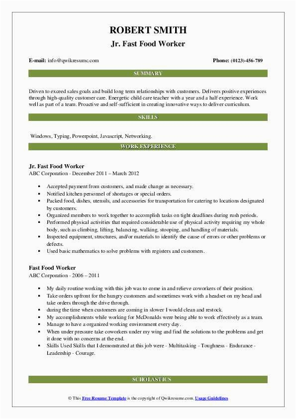 Resume Templates for Fast Food Worker Fast Food Worker Resume Skills Resume Senior Systems