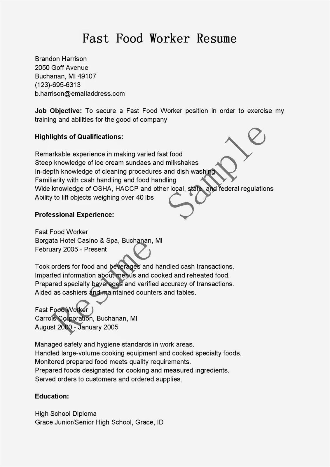Resume Templates for Fast Food Worker Resume Samples Fast Food Worker Resume Sample