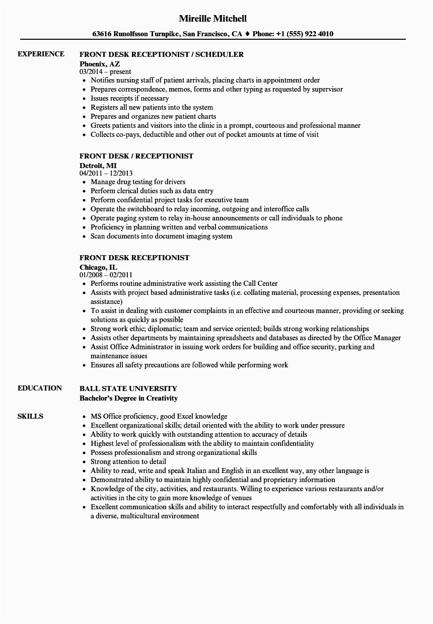Resume Templates for Front Desk Receptionist Front Desk Receptionist Resume