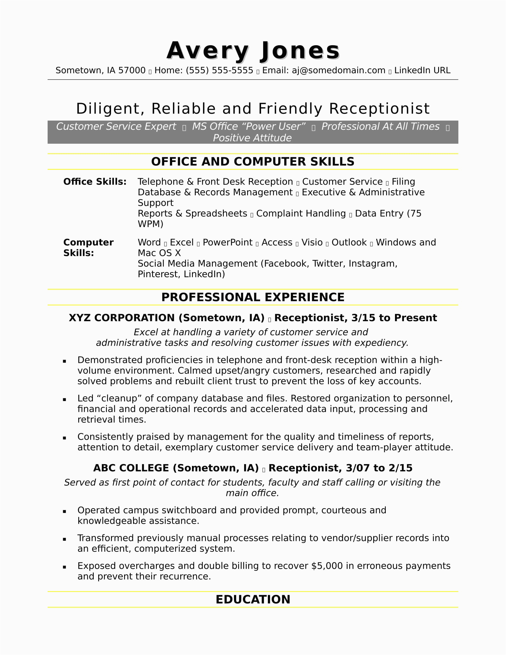 Resume Templates for Front Desk Receptionist Receptionist Resume Sample