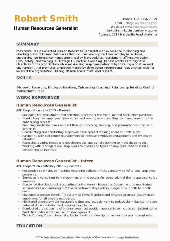Resume Templates for Human Resources Generalist Human Resources Generalist Resume Samples
