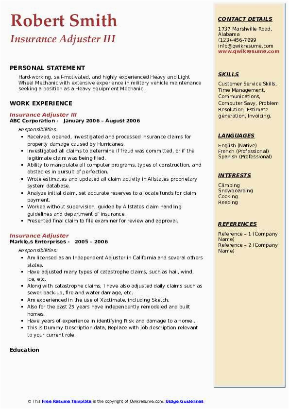 Resume Templates for Insurance Claims Adjuster Insurance Adjuster Resume Samples