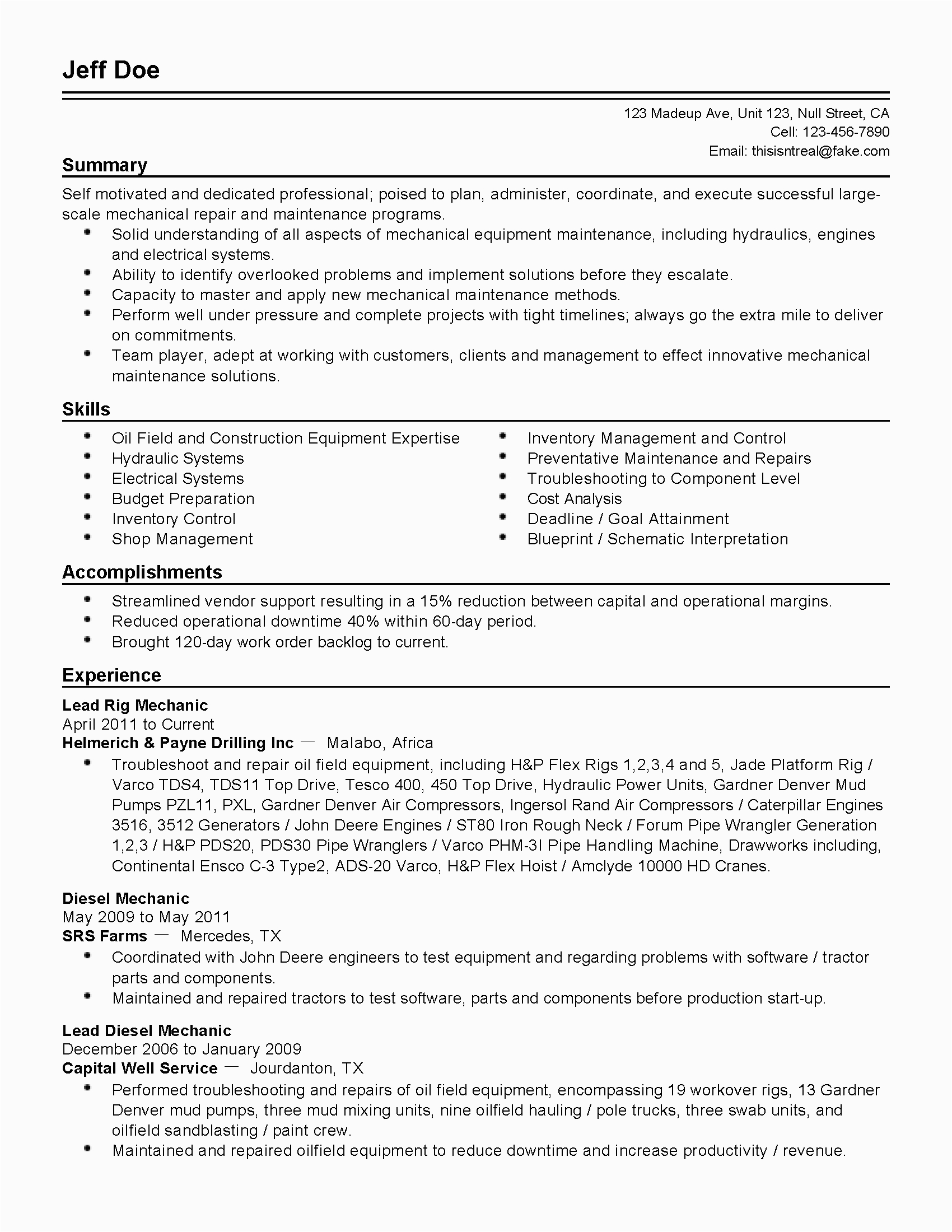 Resume Templates for Oil Field Jobs 8 Oil Field Resume Template Examples
