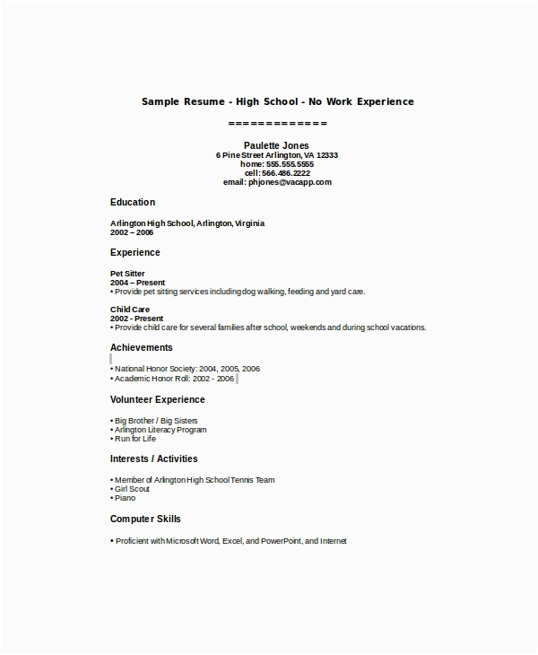 Resume Templates for Students with No Job Experience Free 8 Sample High School Student Resume Templates In Ms
