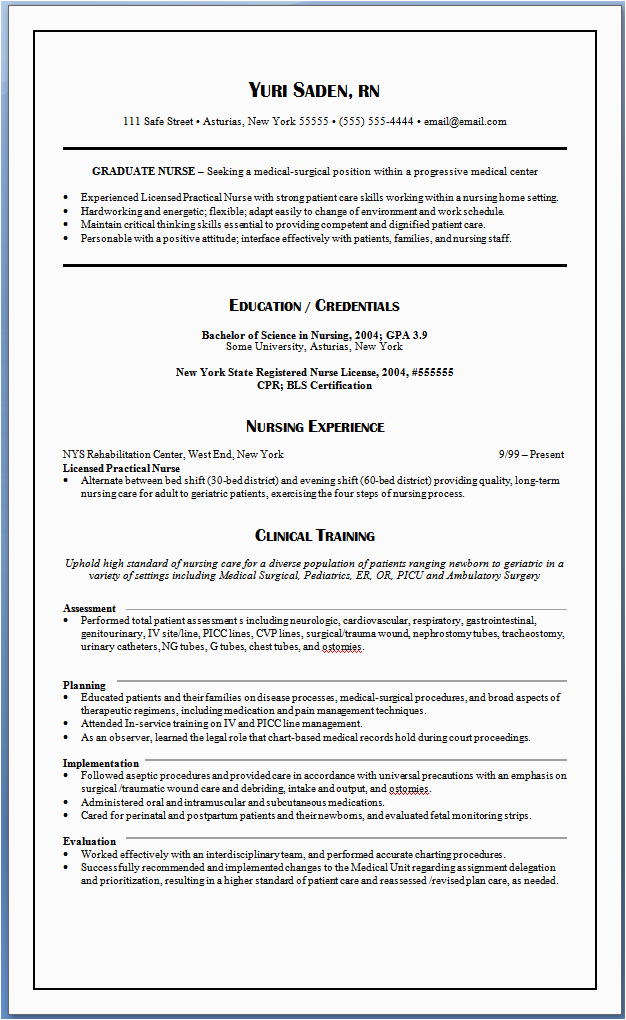Rn Resume 1 Year Experience Sample Medical Surgical Sample Rn Resume 1 Year Experience