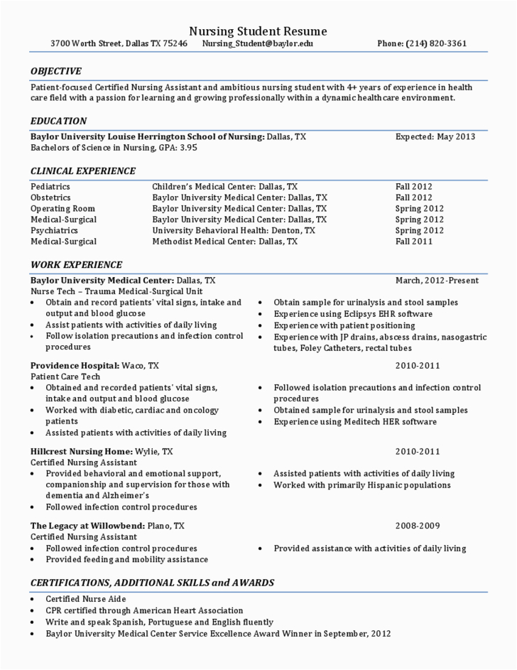 Rn Resume format for College Admission Sample Nursing Student Resume Baylor University Free Download