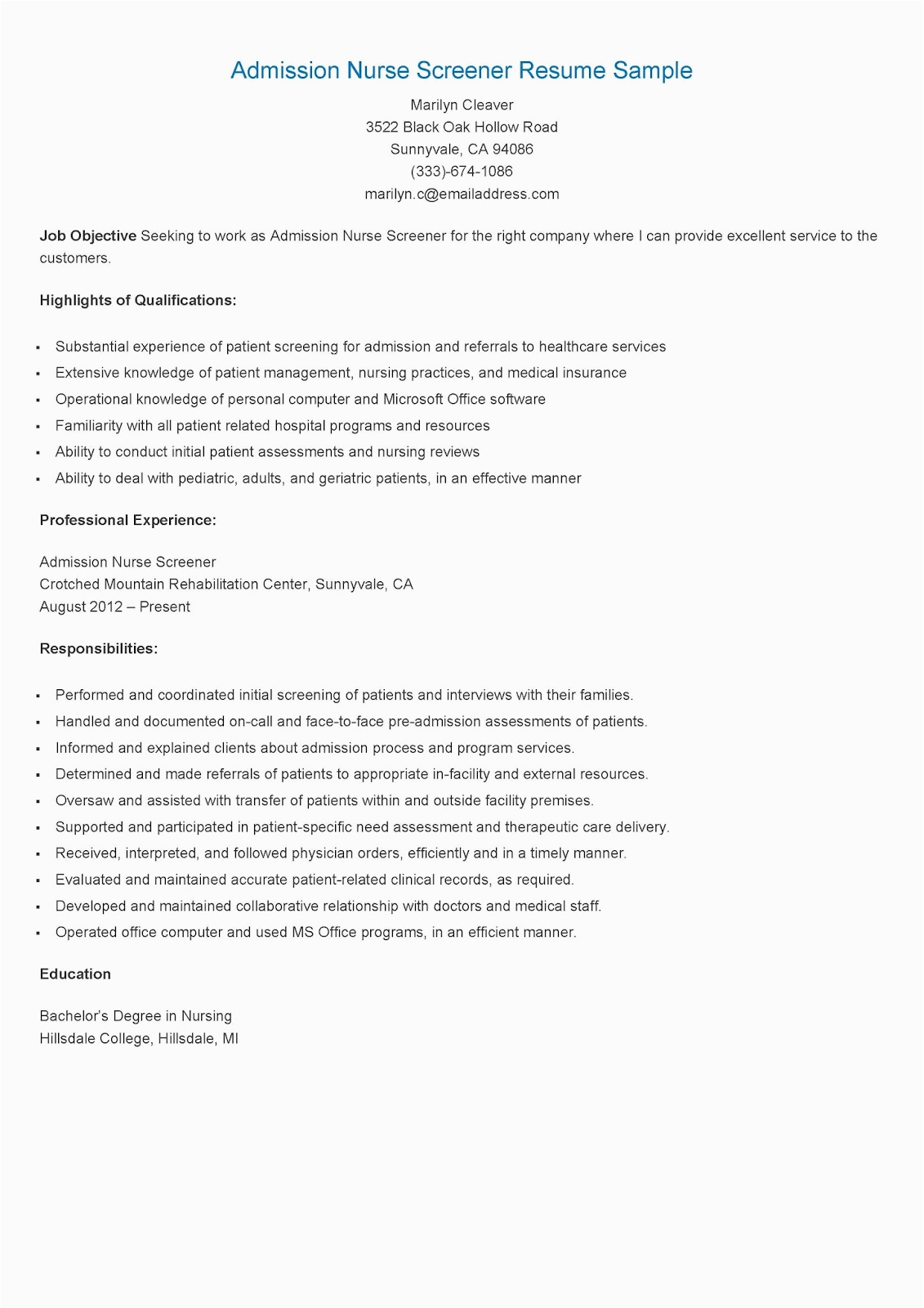 Rn Resume format for College Admission Sample Resume Samples Admission Nurse Screener Resume Sample