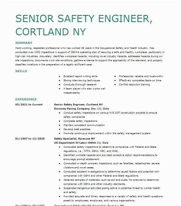 Safety and Occupational Health Specialist Sample Resume Occupational Health and Safety Specialist Resume Example