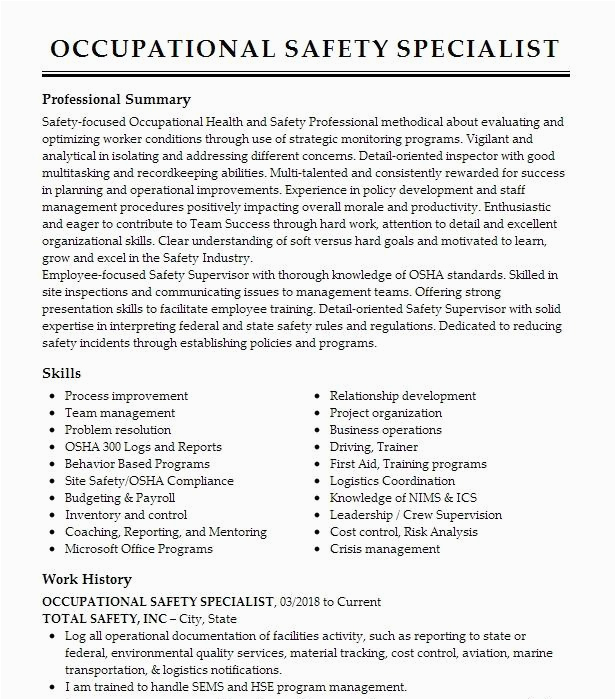 Safety and Occupational Health Specialist Sample Resume Occupational Safety and Safety Specialist Resume Example Cedar Fair