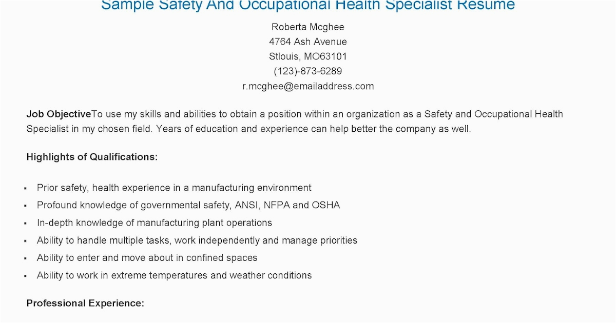 Safety and Occupational Health Specialist Sample Resume Resume Samples Sample Safety and Occupational Health Specialist Resume