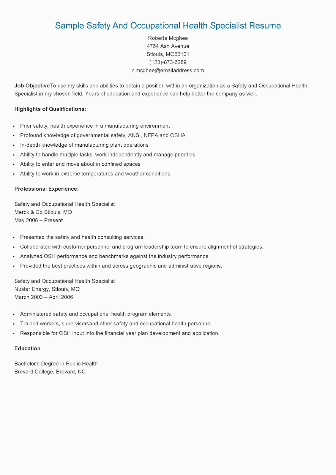 Safety and Occupational Health Specialist Sample Resume Resume Samples Sample Safety and Occupational Health Specialist Resume
