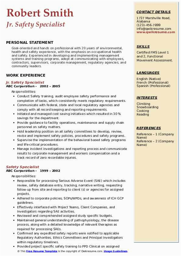 Safety and Occupational Health Specialist Sample Resume Safety Specialist Resume Samples