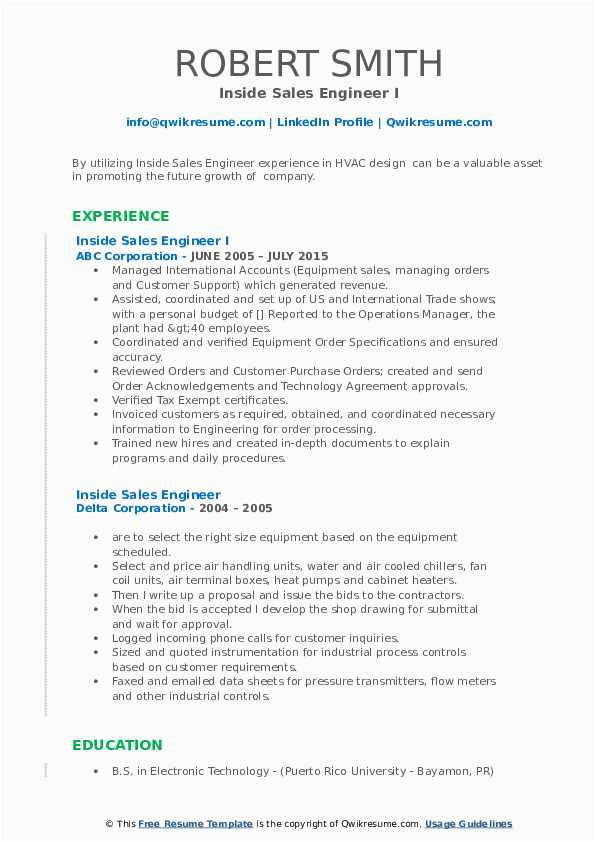 Sales and Service Engineer Resume Sample Inside Sales Engineer Resume Samples