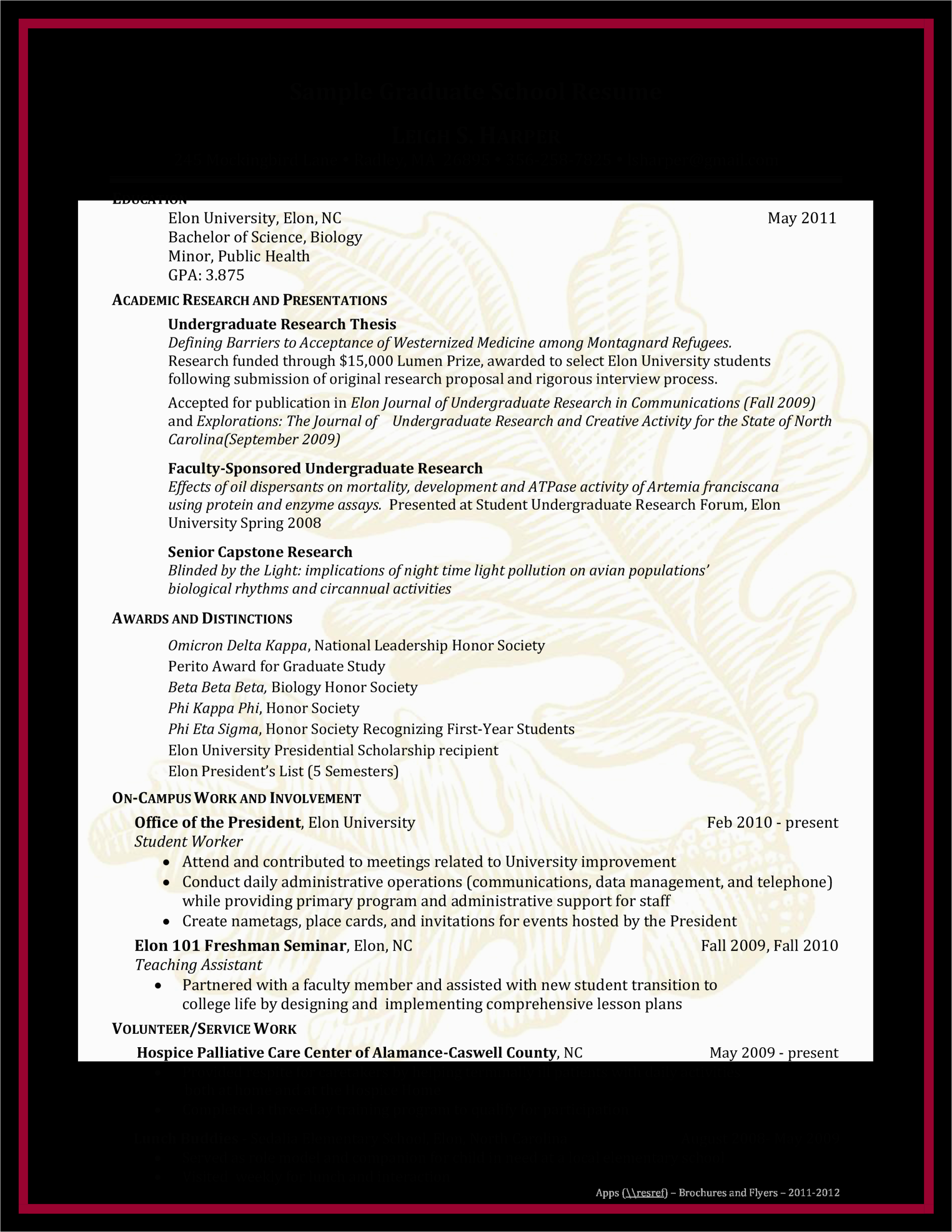Sample Academic Resume for Graduate School Graduate School Academic Curriculum Vitae