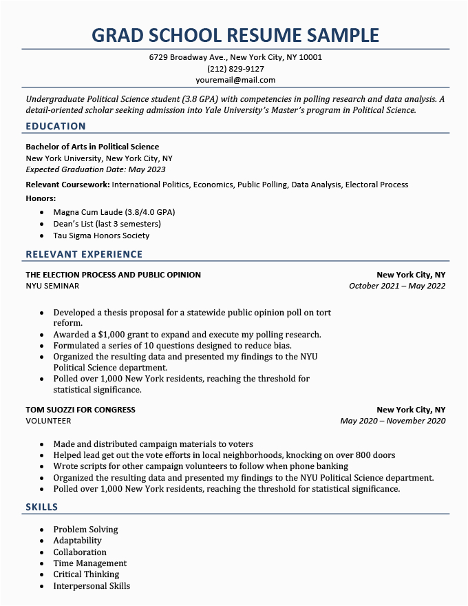 Sample Academic Resume for Graduate School How to Write A Grad School Resume Examples & Template