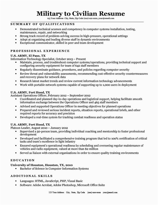 Sample Civilian Resume with Military Experience Military to Civilian Resume Sample & Tips
