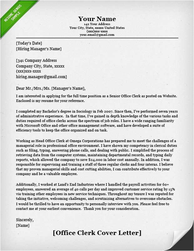 Sample Clerical Cover Letter for Resume Fice Clerk Cover Letter Samples