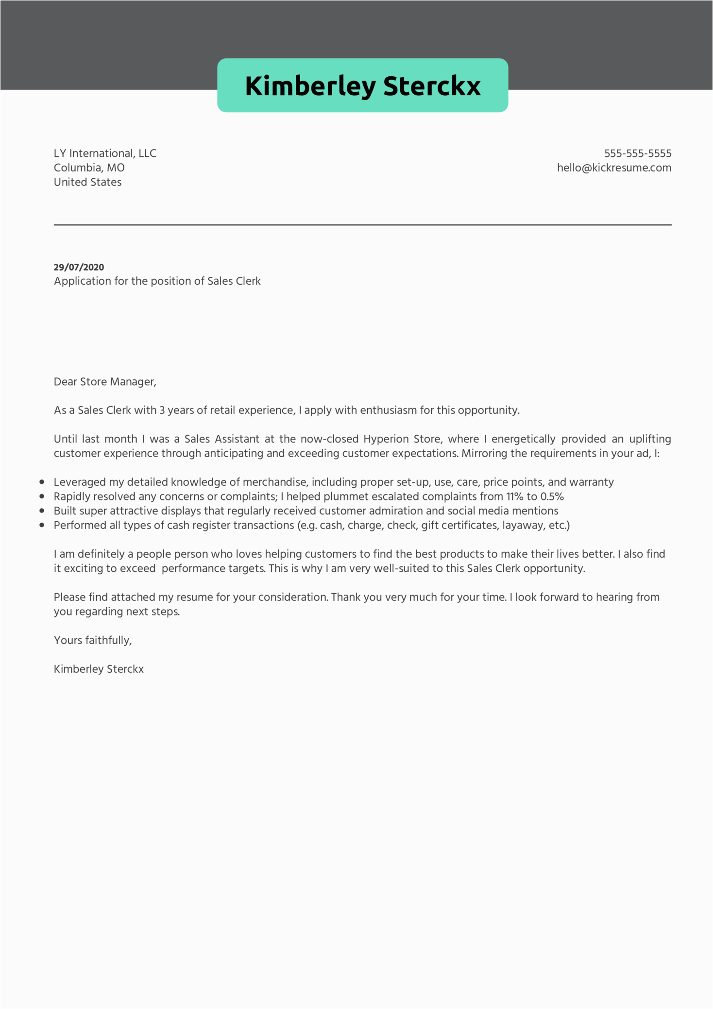 Sample Clerical Cover Letter for Resume Sales Clerk Cover Letter Example