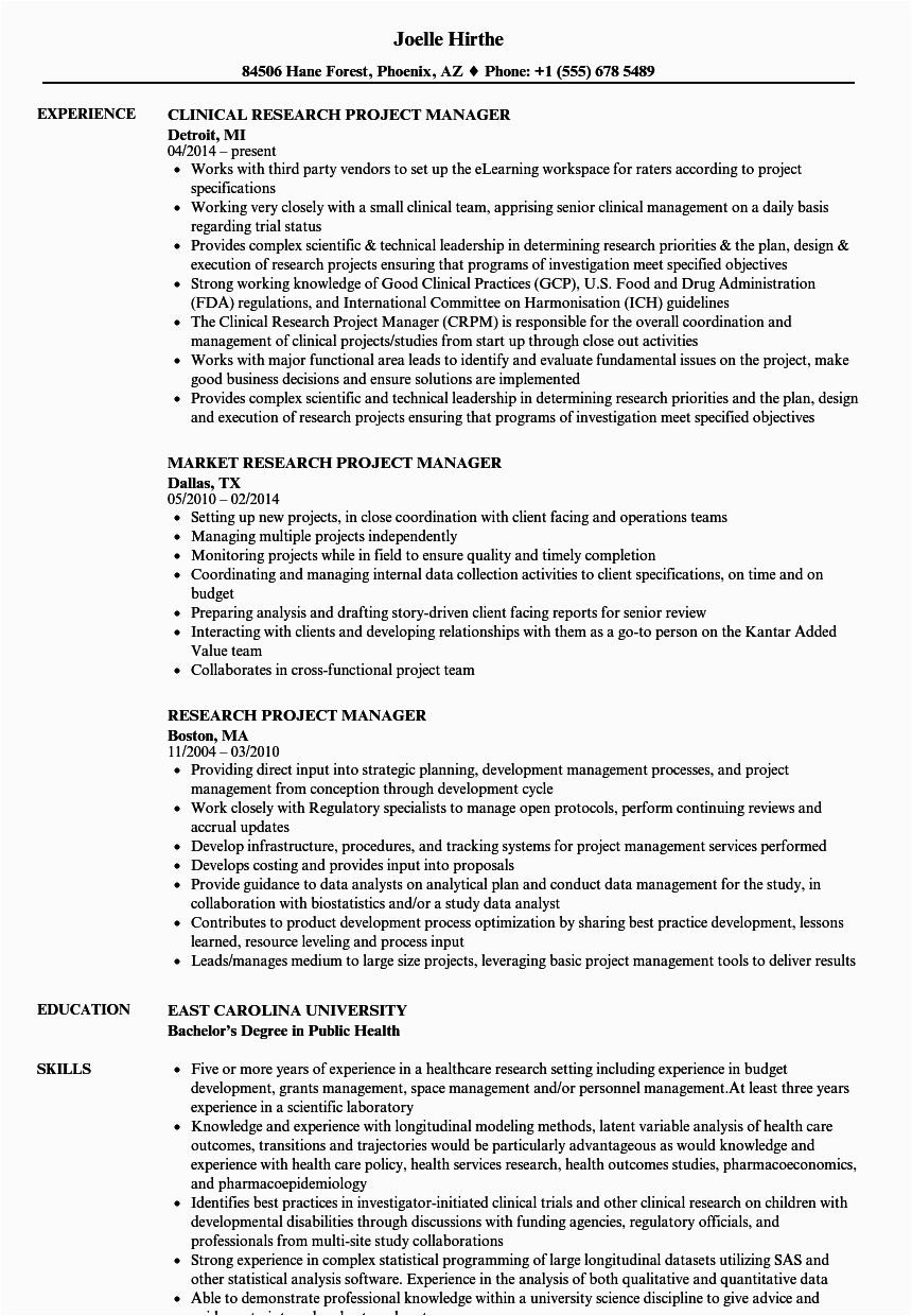 Sample Clinical Research Project Manager Resume Research Project Manager Resume Samples