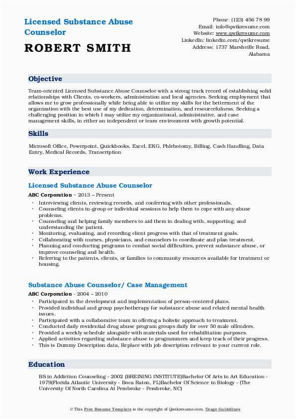 Sample Clinical Substance Abuse Counselor Resume Entry Level Substance Abuse Counselor Resume