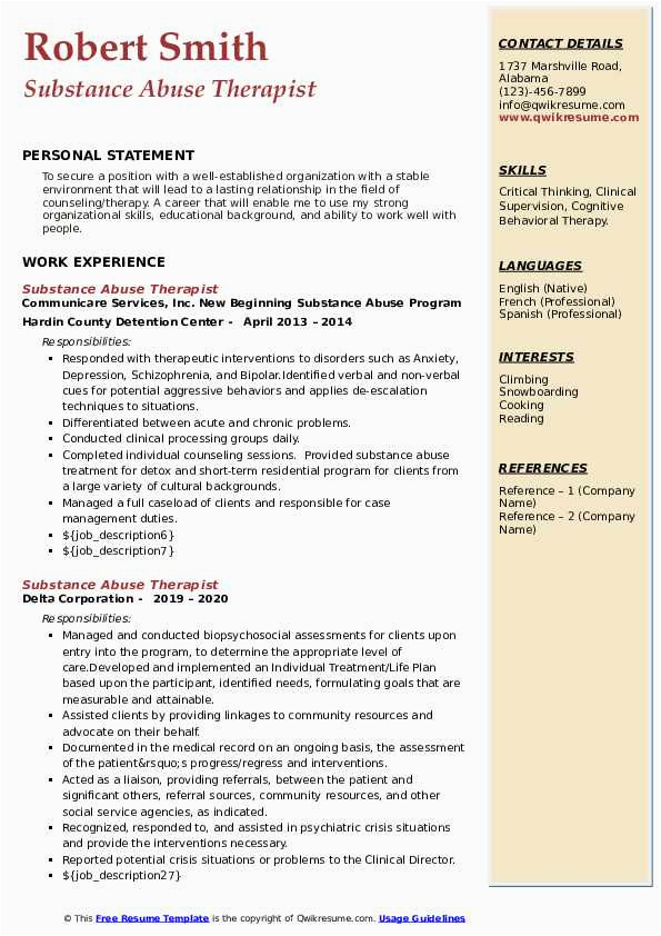 Sample Clinical Substance Abuse Counselor Resume Substance Abuse therapist Resume Samples