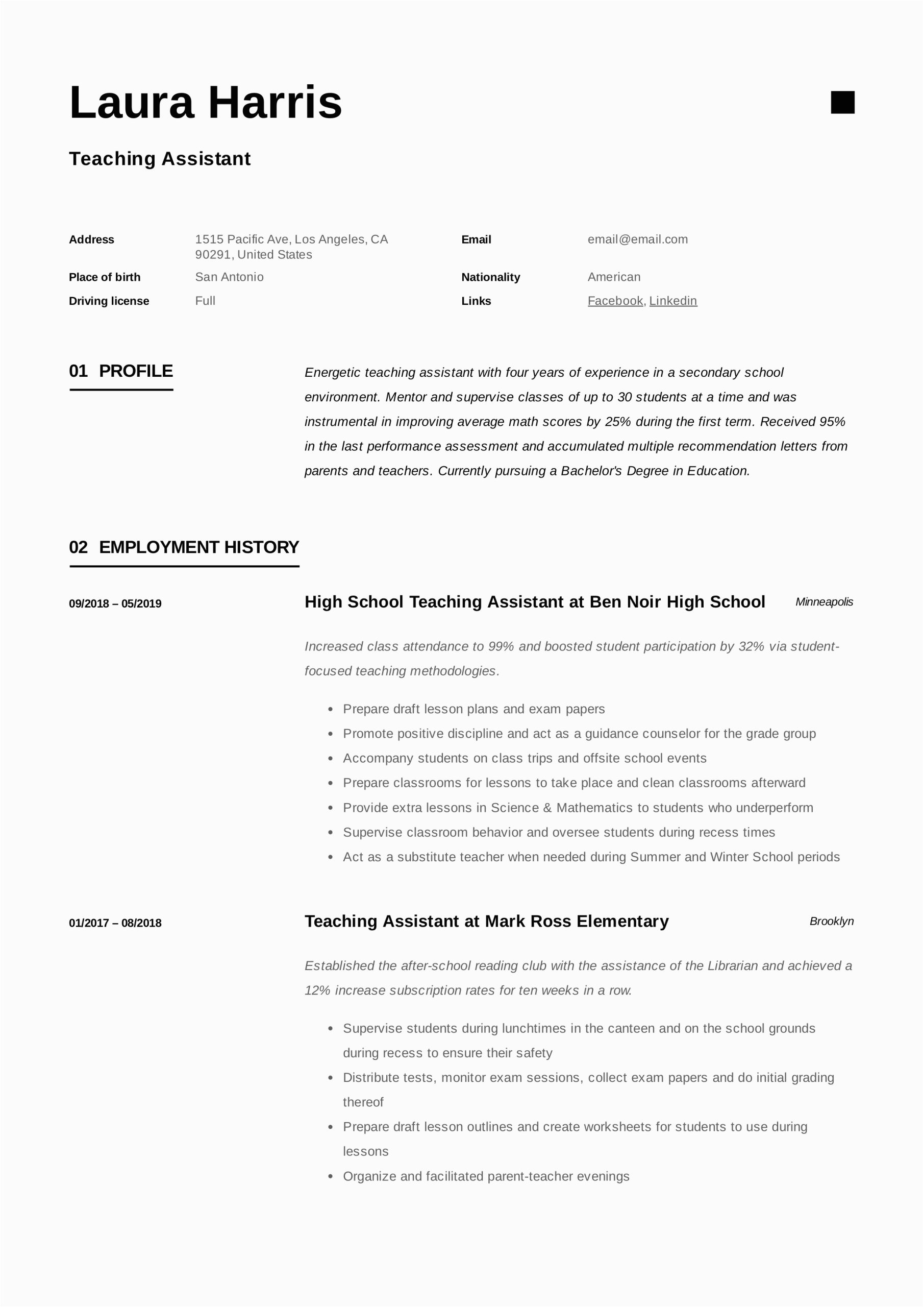 Sample Description for Teacher S assistant Resume Teaching assistant Resume & Writing Guide 12 Templates