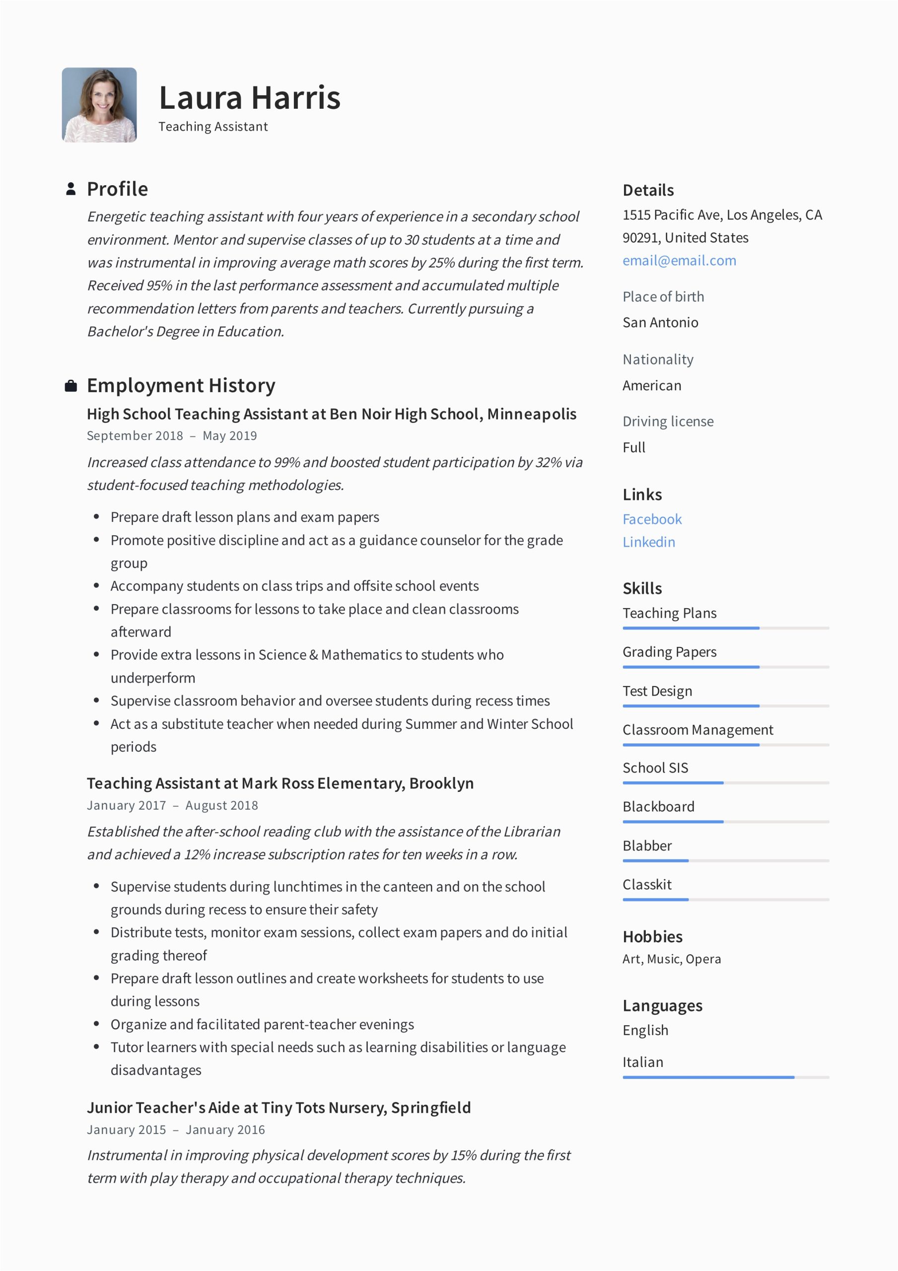 Sample Description for Teacher S assistant Resume Teaching assistant Resume & Writing Guide 12 Templates