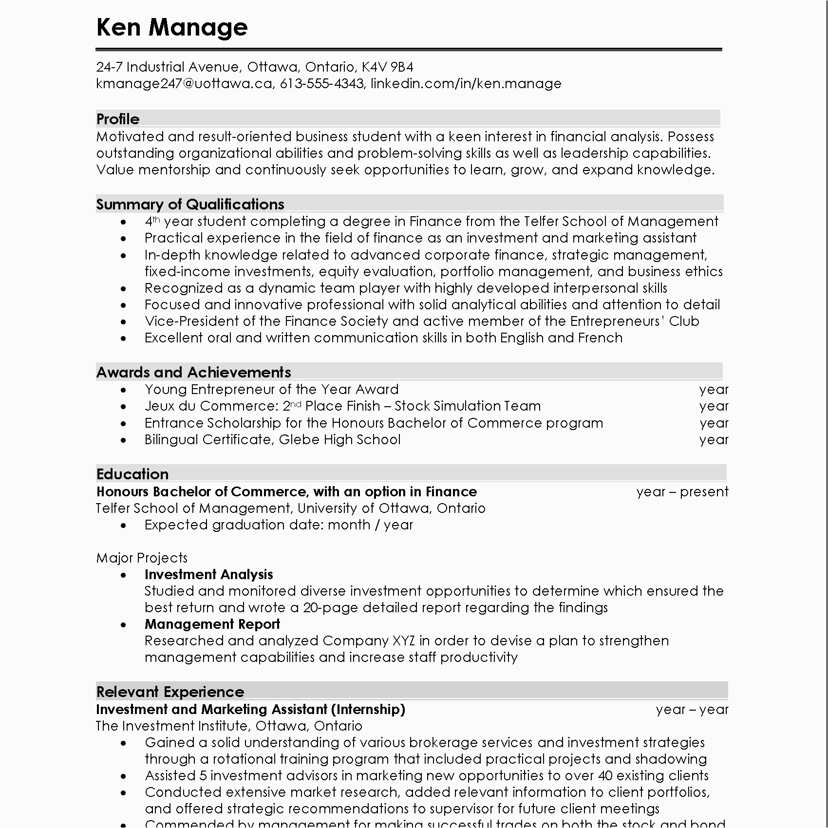 Sample for A Combination Resume for It Resumé Career Centre Telfer School Of Management