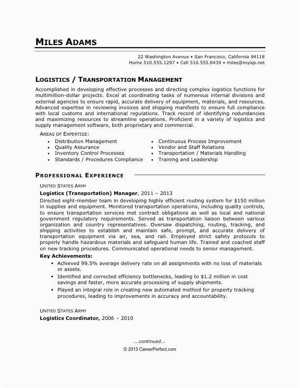 Sample for A Logistican Resume From Military to Civilian Careerperfect Logistics Resume after