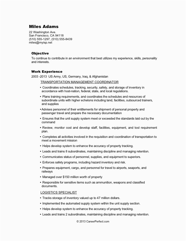 Sample for A Logistican Resume From Military to Civilian Careerperfect Logistics Resume before