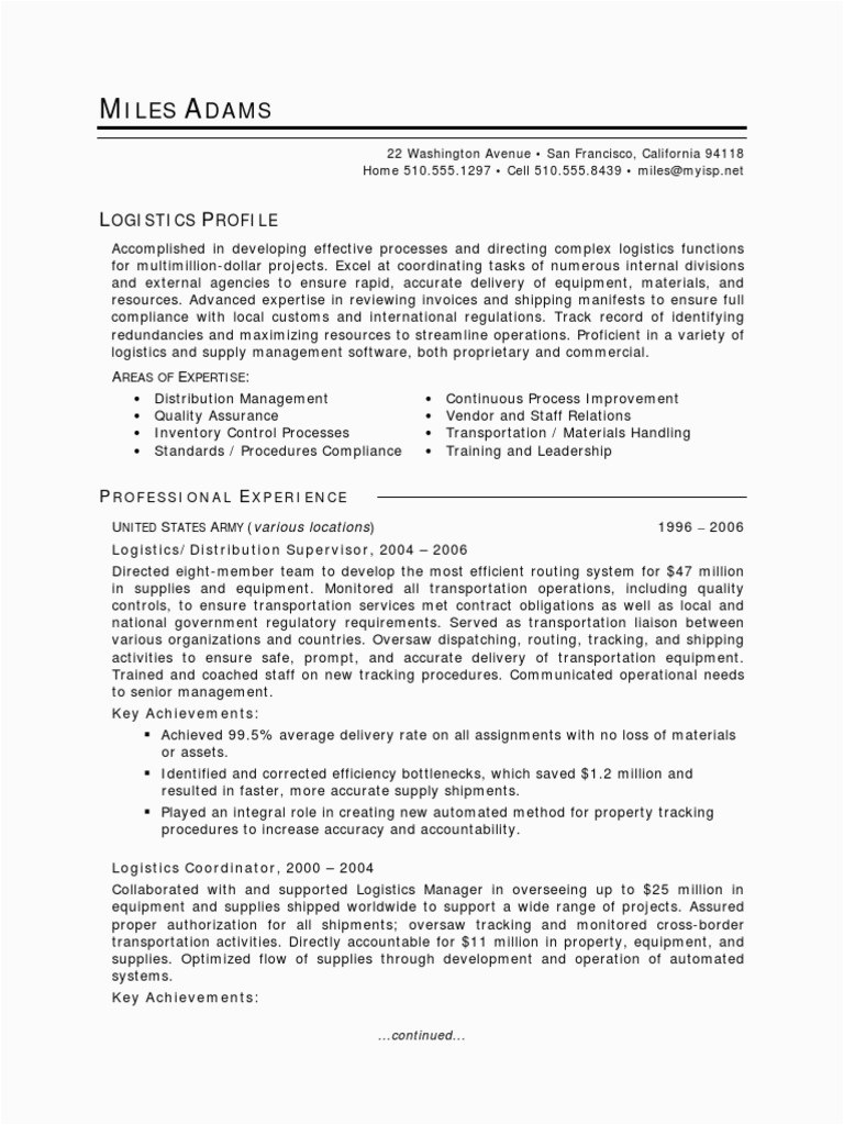 Sample for A Logistican Resume From Military to Civilian Military to Civilian Logistics Resume Sample Cargo