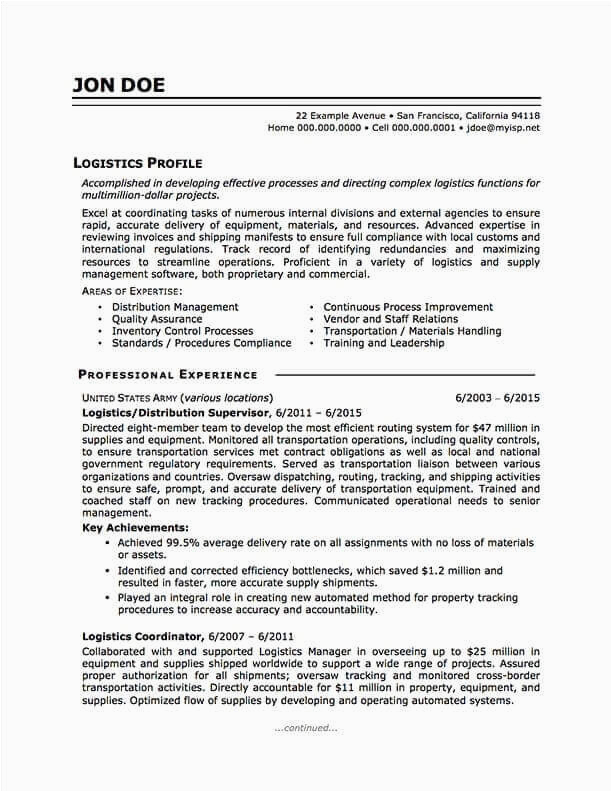Sample for A Logistican Resume From Military to Civilian Military to Civilian Resume Sample