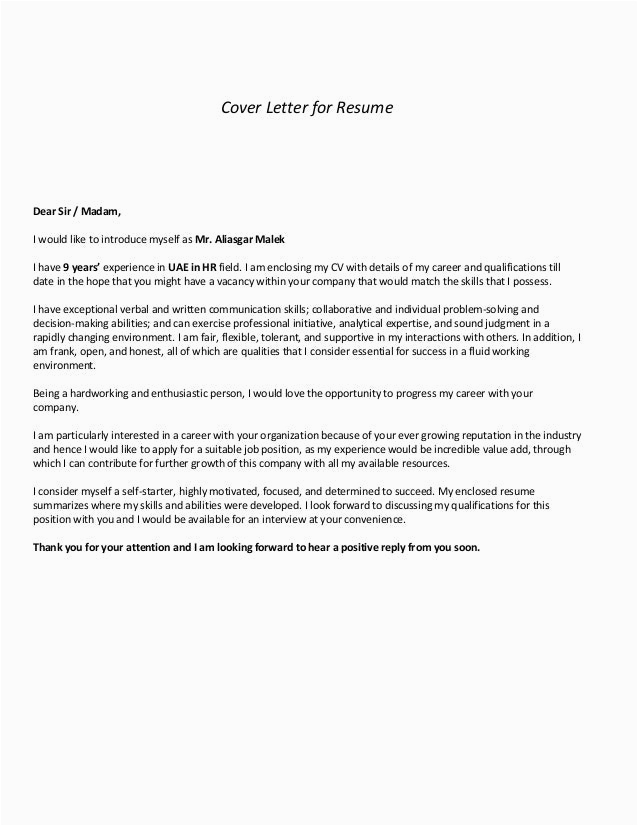 Sample Letter Introducing Yourself to Be with A Resume Aliasgar Malek Cv