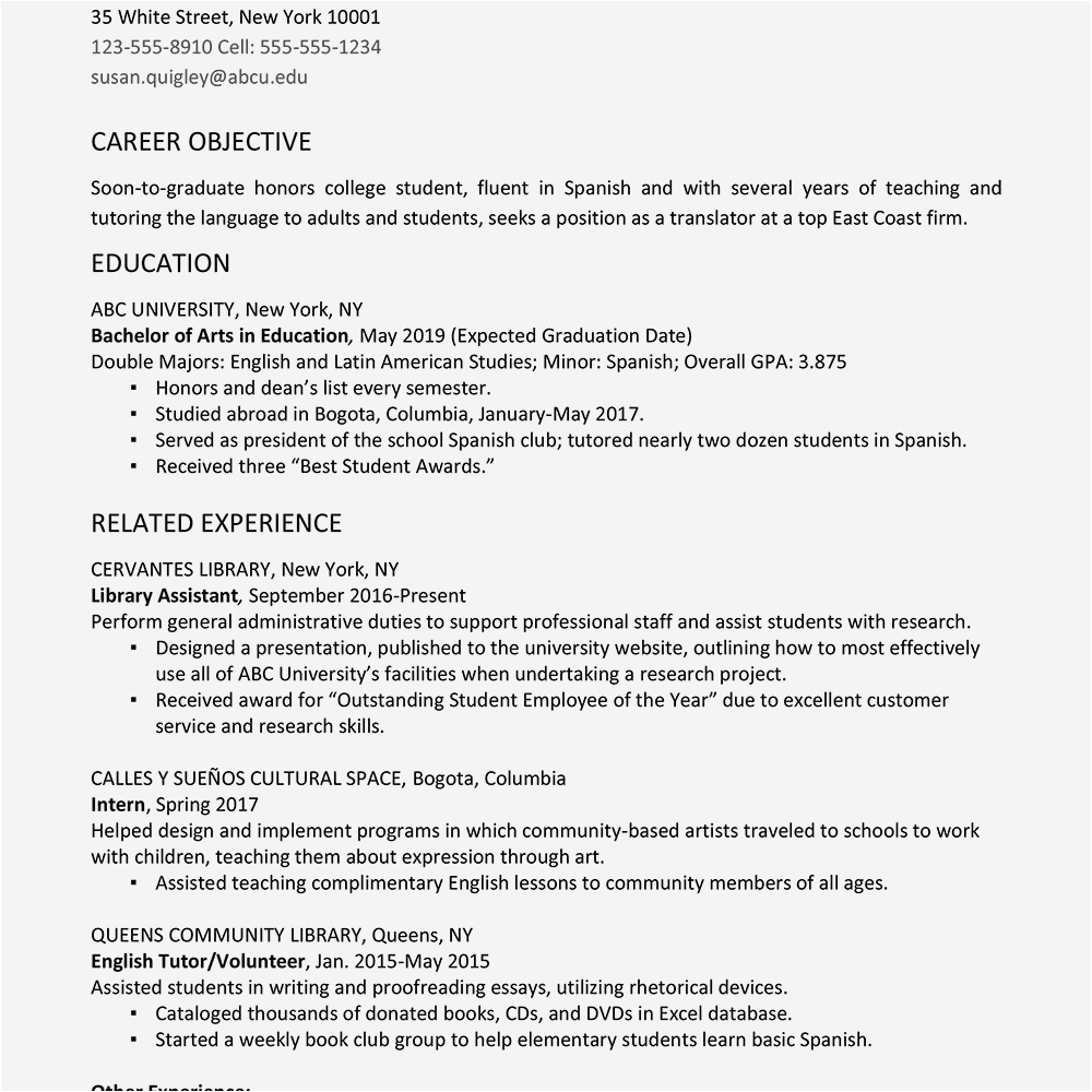 Sample Objective On Resume Of A Student College Student Resume Examples Google Search